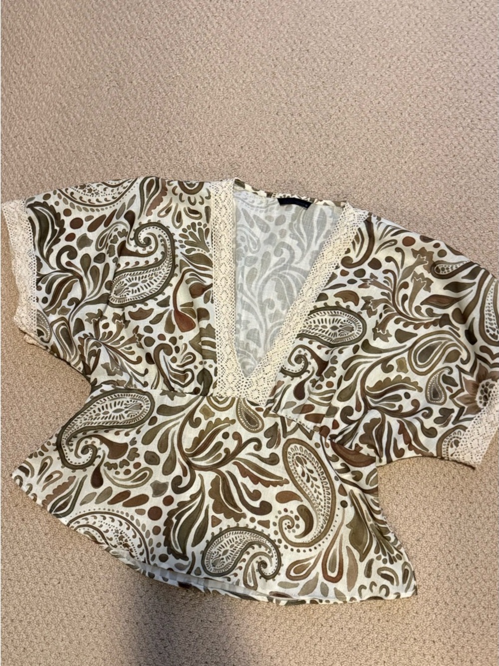 Zara Cream and Brown Paisley Lace-Trim Tunic